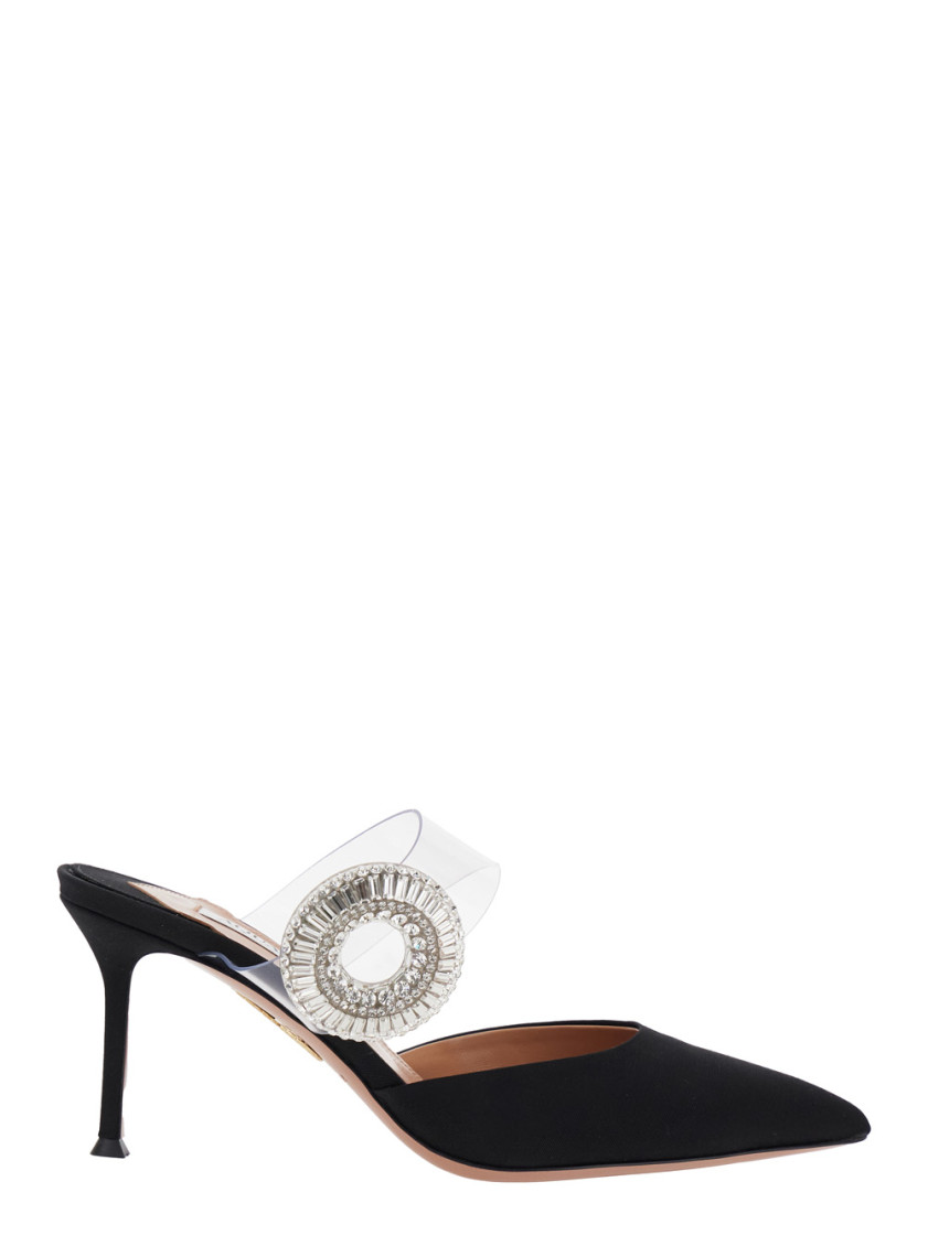 Aquazzura Black Slingback Mules With Crystal Embellishment And Transparent Strap In Suede Woman In Black