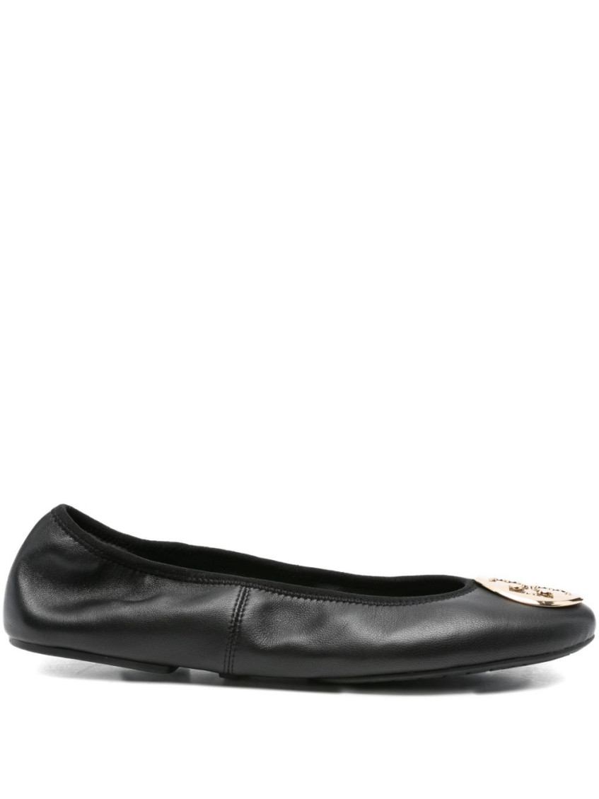 Tory Burch Logo-plaque Leather Ballet Flats In Black