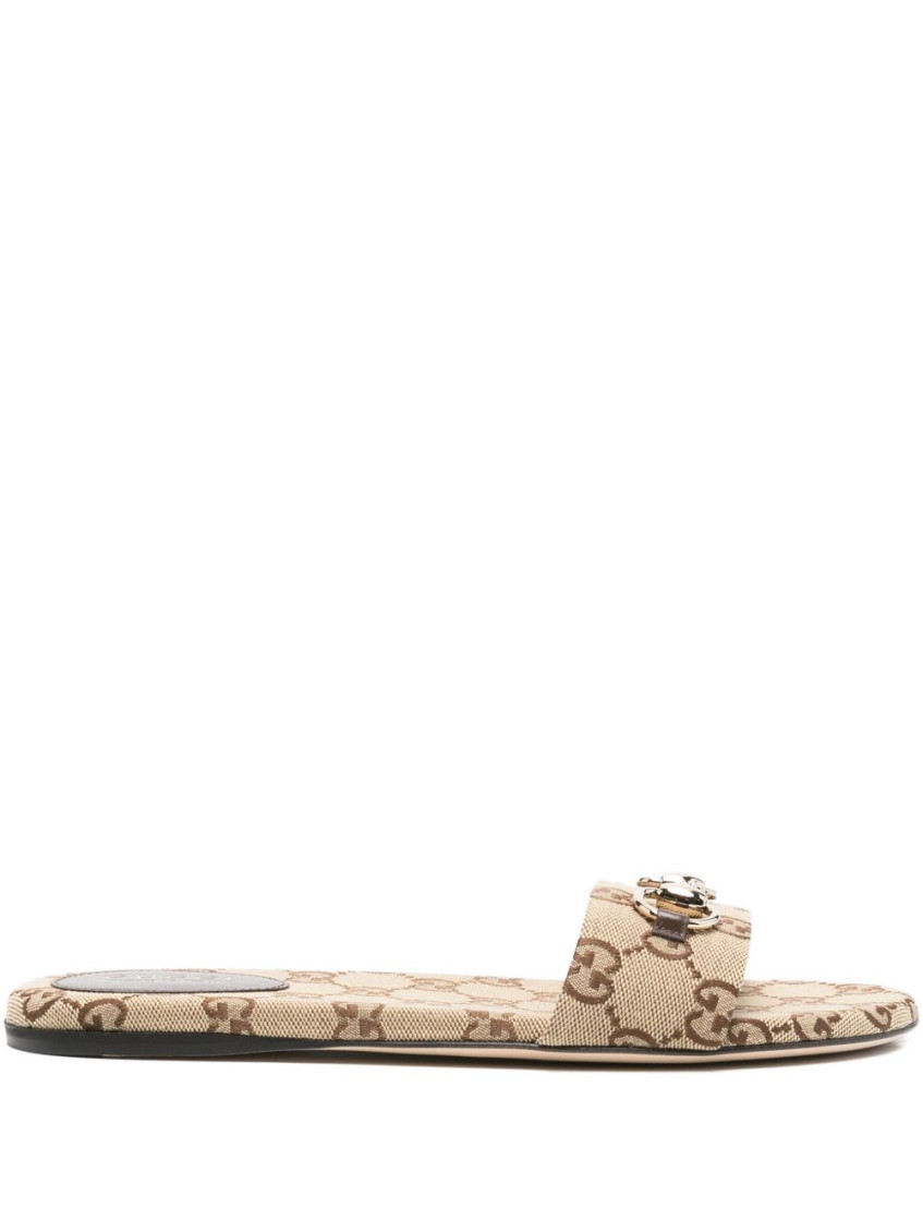 Gucci Beige Logo Flats In Brown