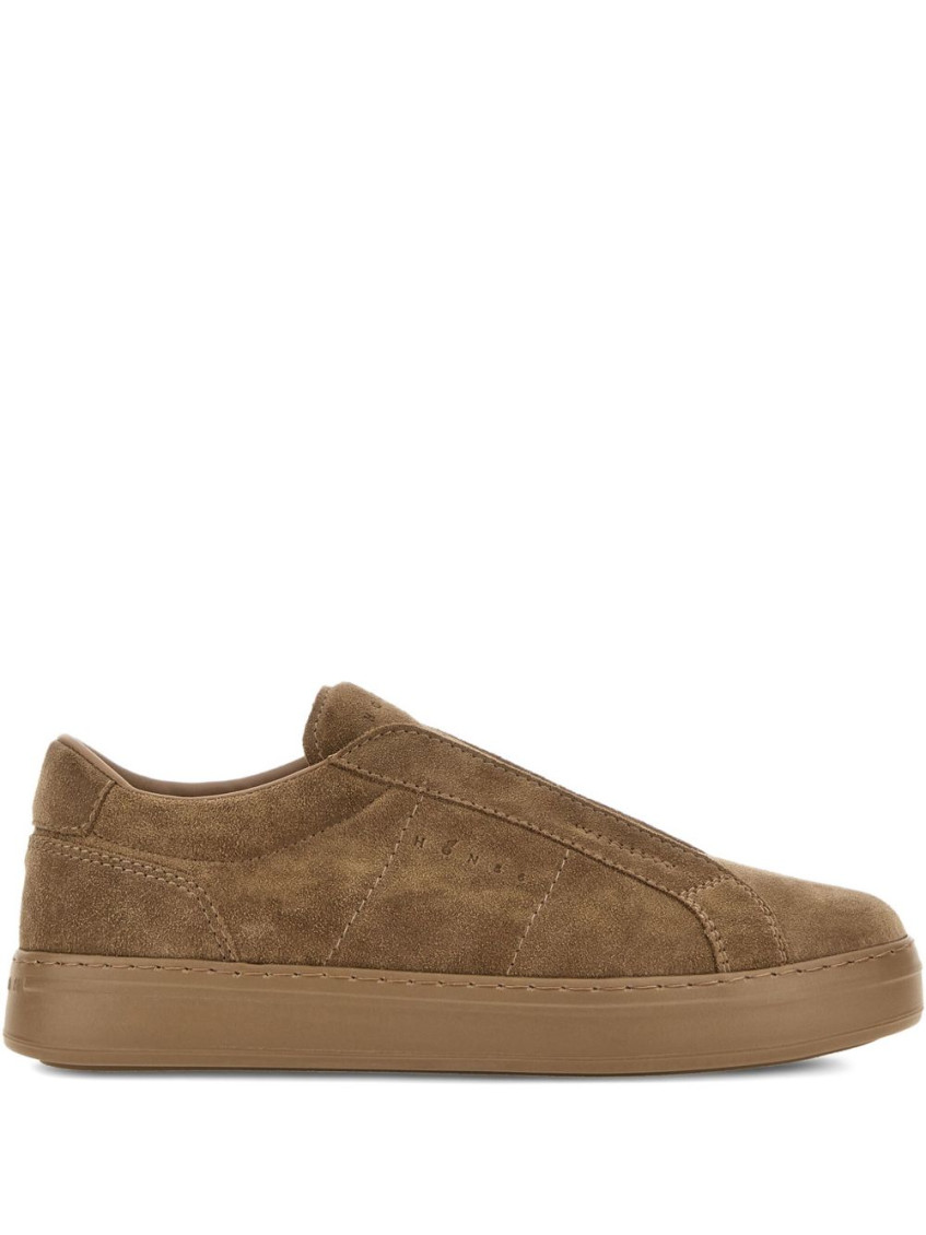 Hogan Brown Slip-on Leather Sneakers With Debossed Branding In Multi