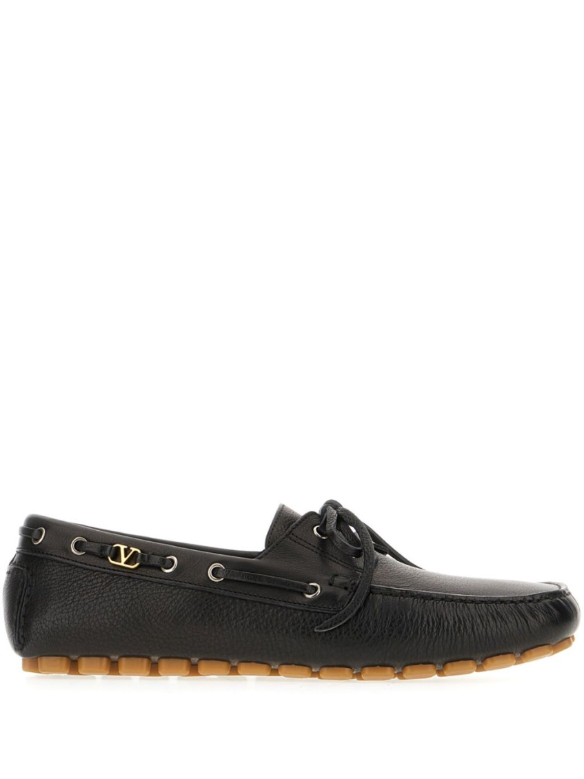 Valentino Garavani 'fastaway' Black Loafers With Vlogo Plaque And Decorative Laces With Logo In Leat In Black