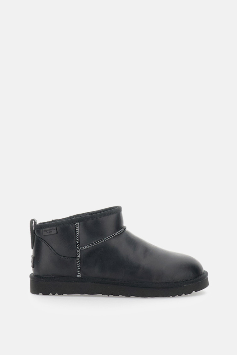 Ugg Classic Ultra Mini Leather Ankle Boots With Plush Lining In Black