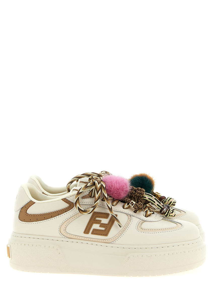 Fendi Low Top Platform Shoes In White Leather With Charm In Neutral