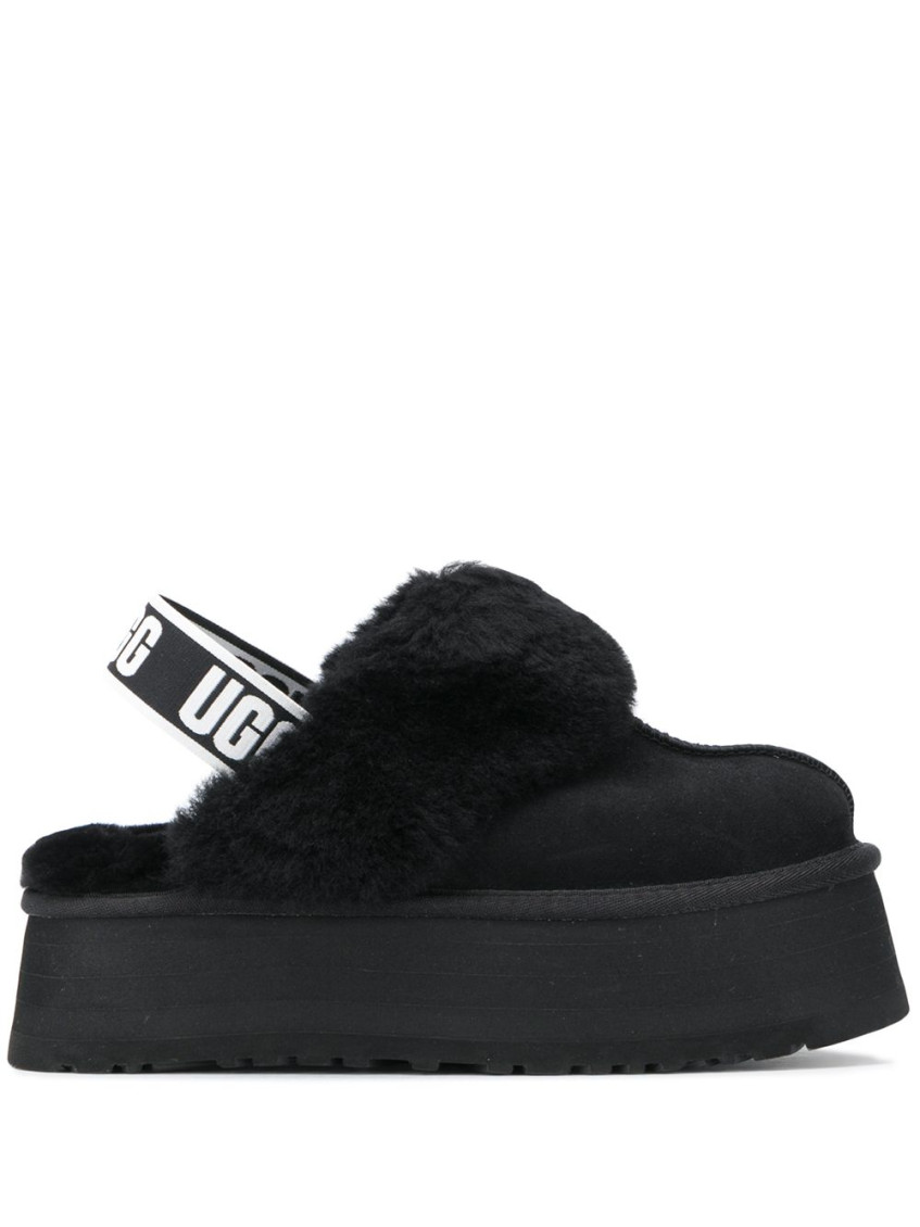 Ugg Platform Strap Mules In Black Leather With Faux Fur Trim In Black