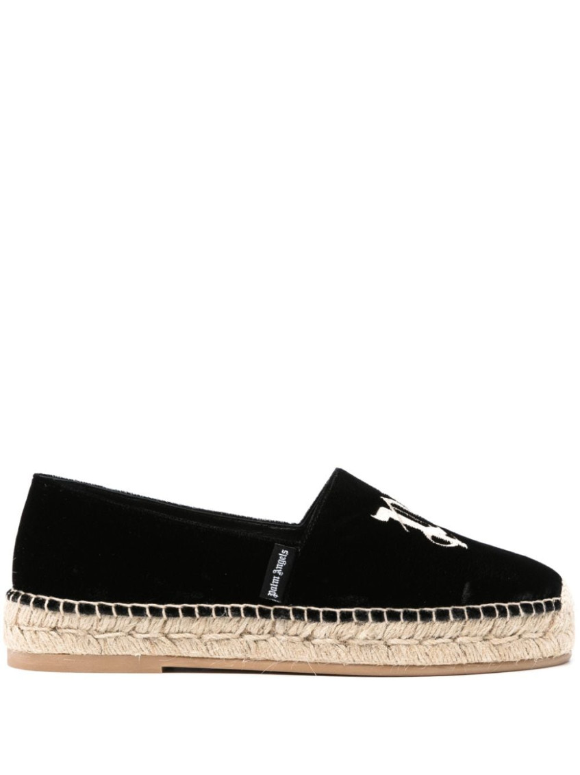 Palm Angels Logo-embroidered Velvet Espadrilles In Black