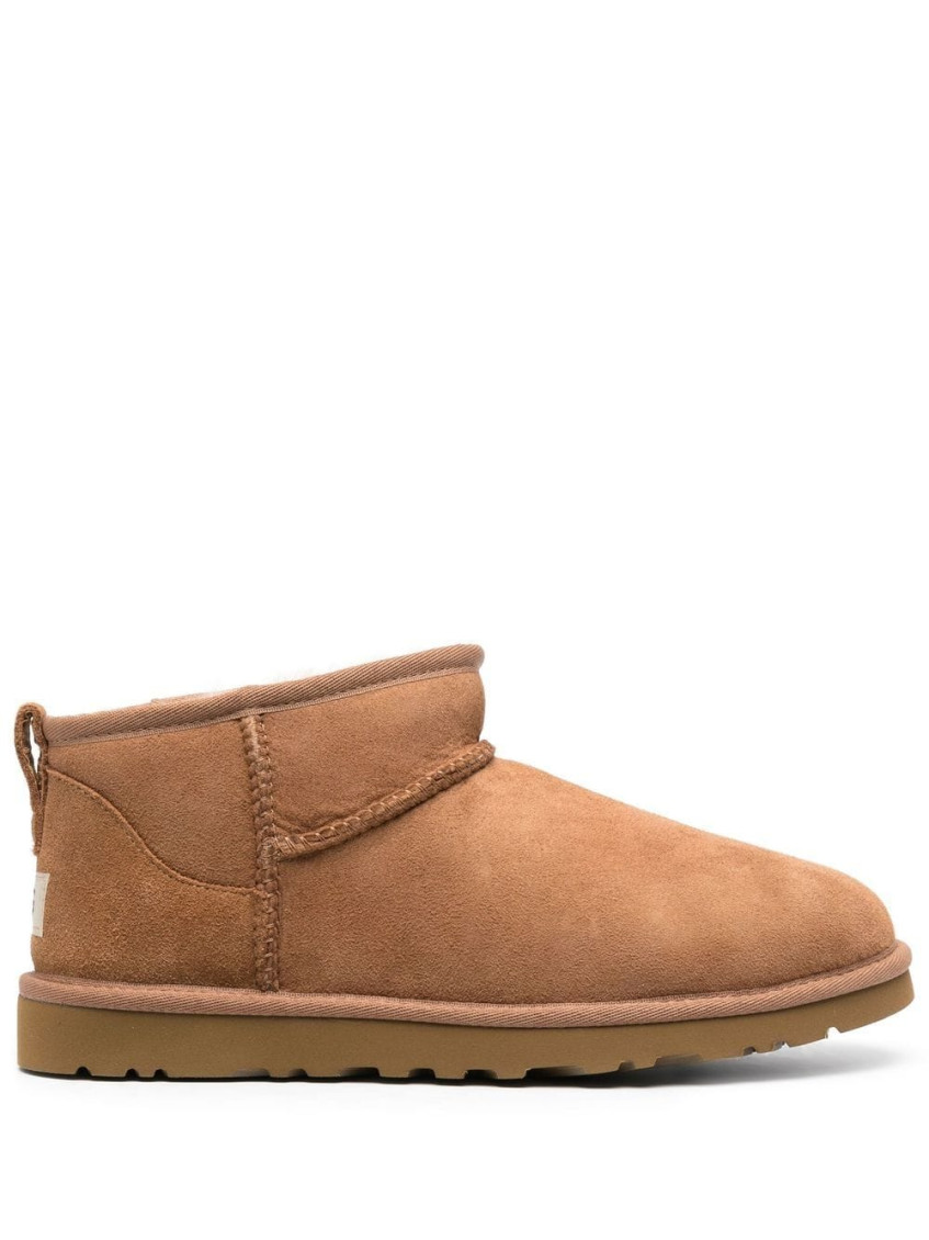 Ugg Classic Ultra Mini Low Heels Ankle Boots In Leather Color Suede In Brown