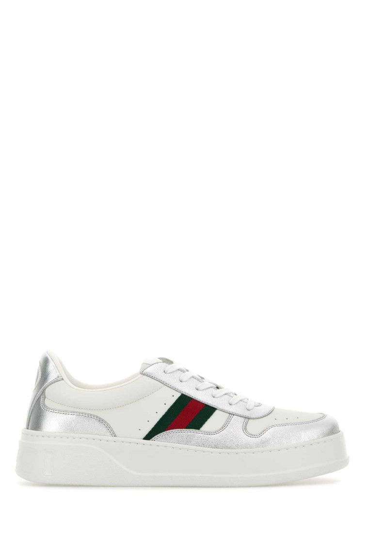 Gucci Low-top Leather Sneakers Featuring Metallic Accents And Rubber Sole In White