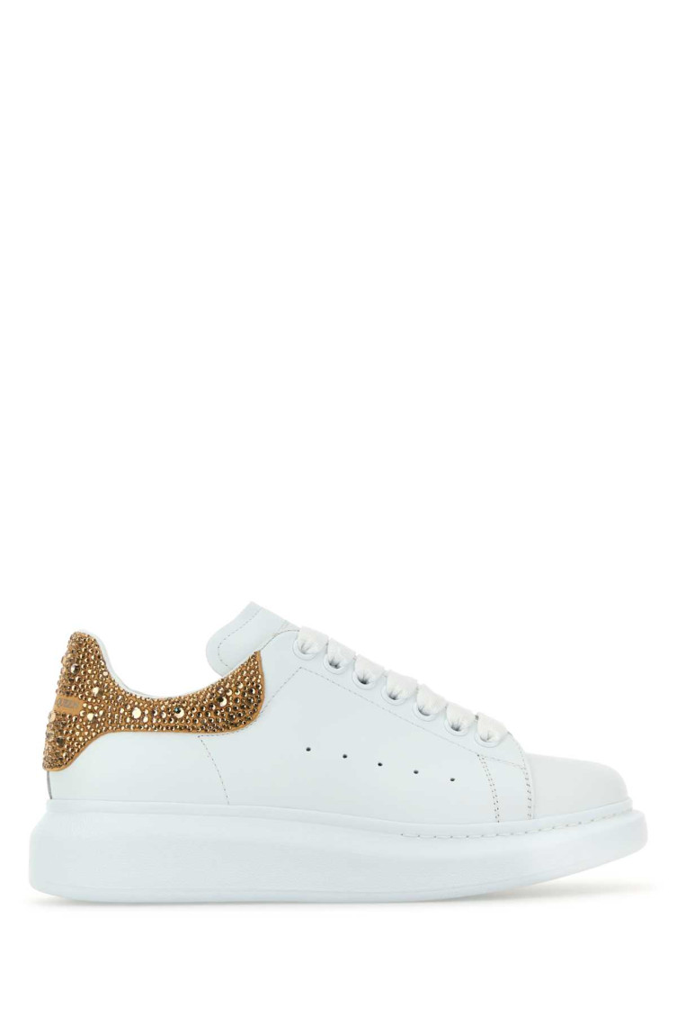 Alexander Mcqueen Women White Leather Sneakers With Embellished Suede Heel In White