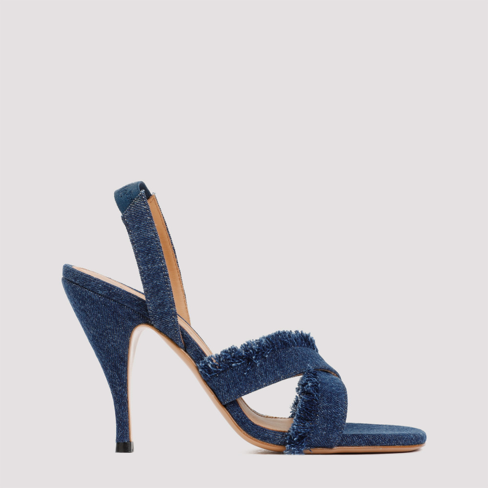Off-white Curvy Heel Denim Sandal With Fringed Straps In Denim