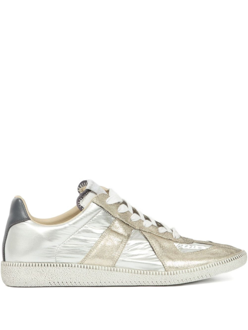 Maison Margiela Gold-tone Paneled Sneakers With Lace-up Fastening In Silver
