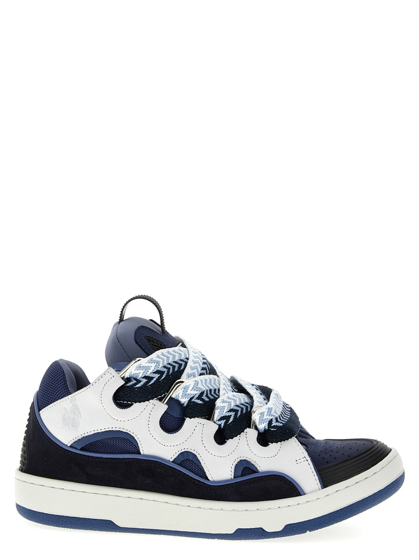 Lanvin Almond Toe Leather Sneakers With Metallic Eyelets In Blue