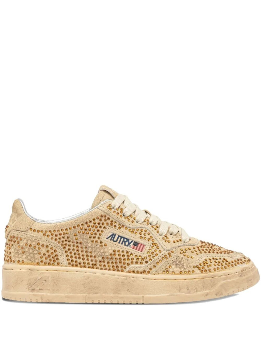Autry Medalist Low Sneakers In Bronze Suede With Crystal Micro Rhinestones Shoes In Neutral