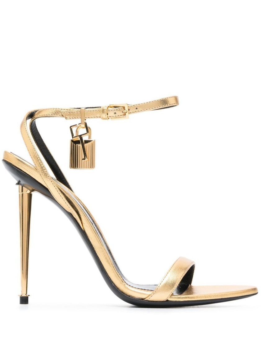 Tom Ford Gold Padlock Pointy Naked Heeled Sandals In Golden
