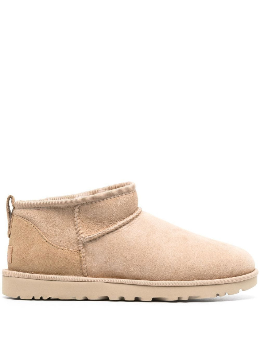 Ugg Classic Ultra Mini Low Heels Ankle Boots In Beige Suede In Beige