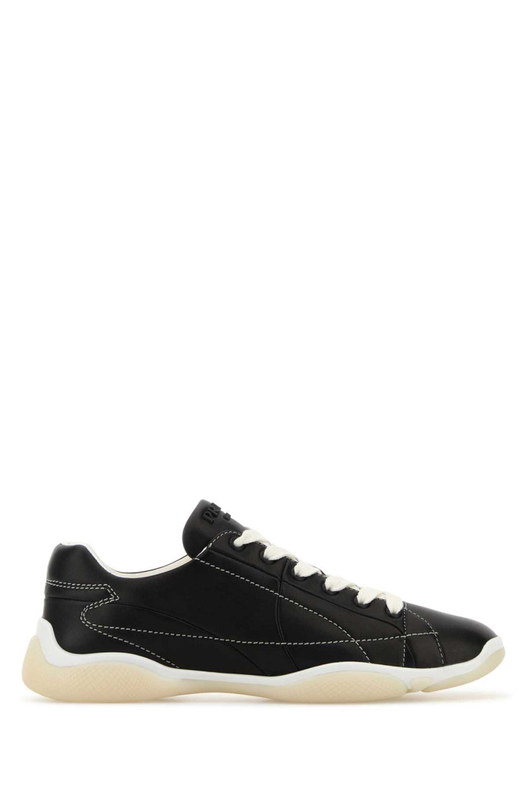 Prada Leather Sneakers With Contrast Stitching And Rubber Sole In Pattern