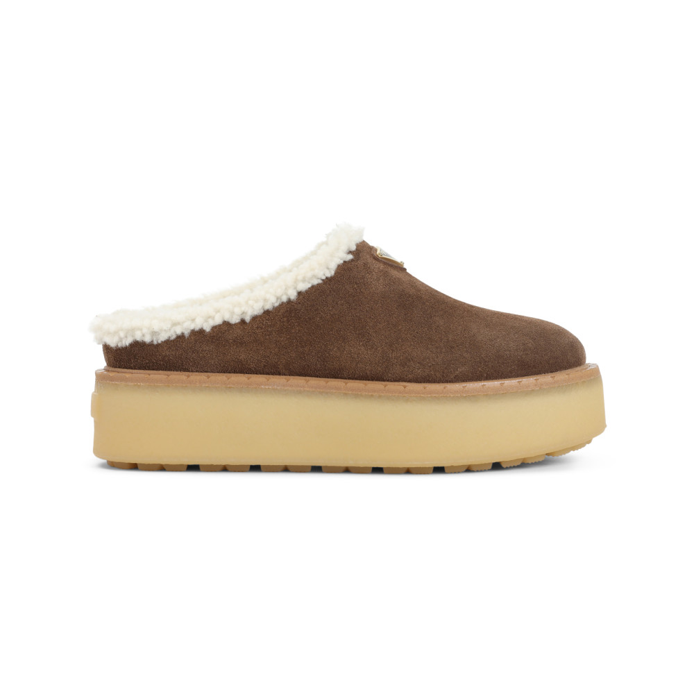 Prada Brown Suede Mules With Shearling Trim And Plush Lining In Blue