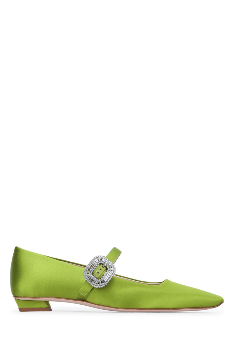 Roger Vivier Crystal Buckle Pointed Toe Satin Strap Shoes In Green