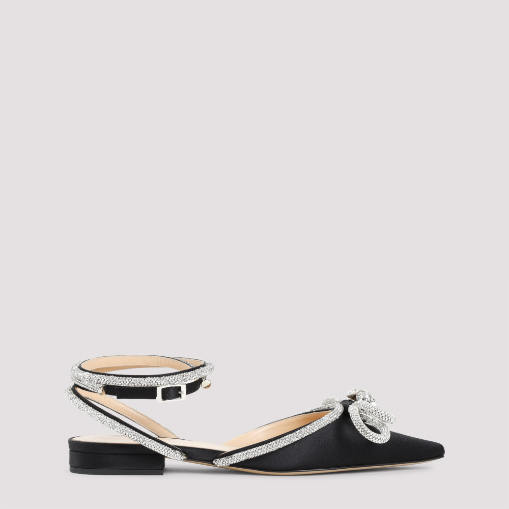 Mach&mach Double Bow Crystal-embellished Satin Point-toe Flats In Black