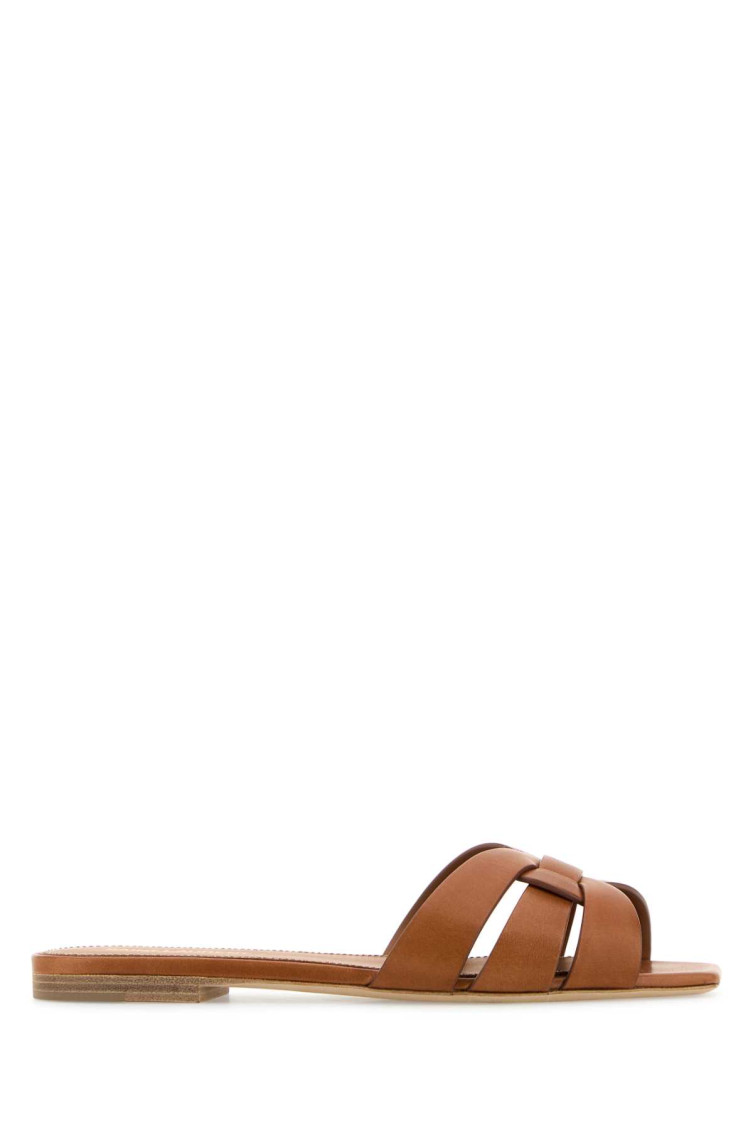 Saint Laurent Tribute Woven Leather Flat Sandals In Brown