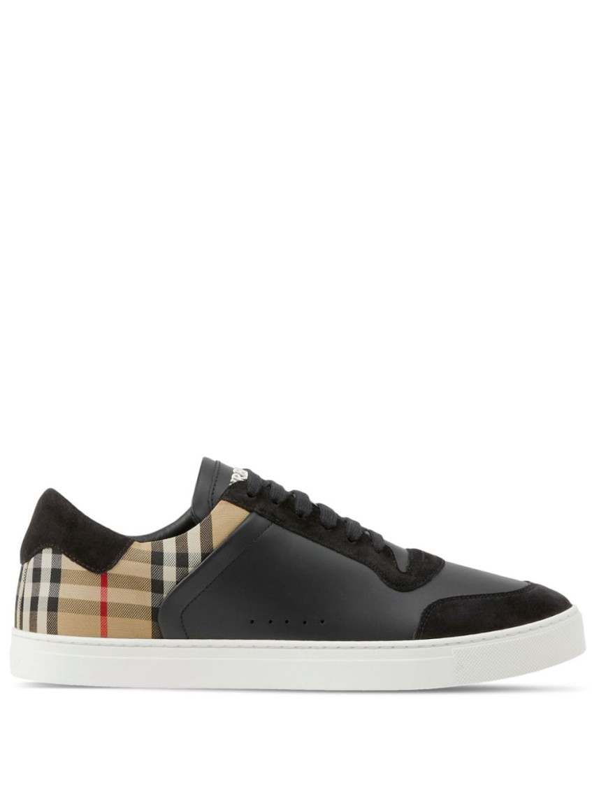 Burberry Black Sneakers With Suede Details And Check Motif In Leather Blend Man In Black