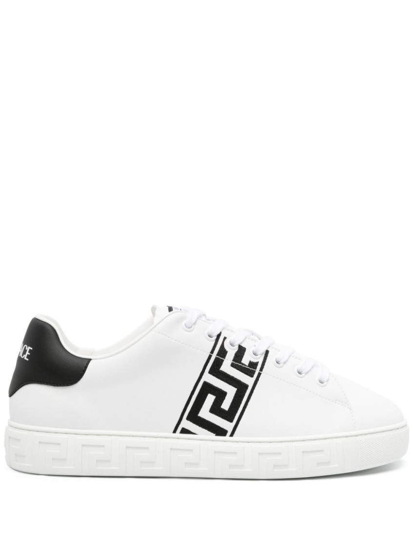 Versace White White Black Greca Embroidered Sneakers In White
