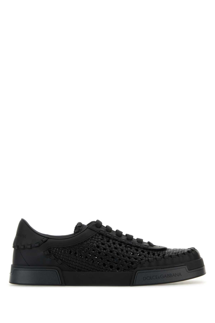 Dolce & Gabbana Round Toe Leather Low Top Sneakers In Black