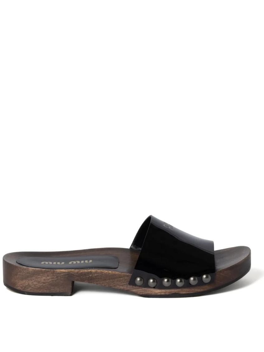 Miu Miu Studded Detail Wooden Sole Clogs In Black
