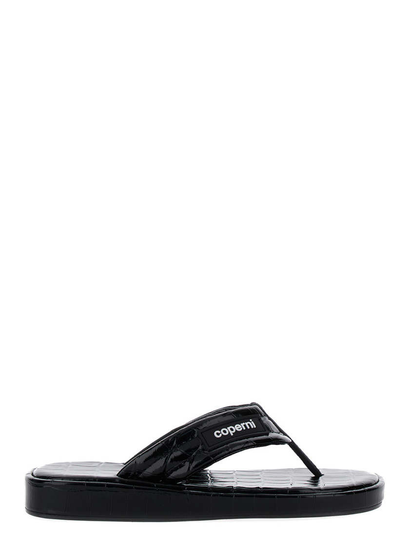 Coperni Logo-appliquéd Rubber-trimmed Croc-effect Patent Leather Flip Flops In Black