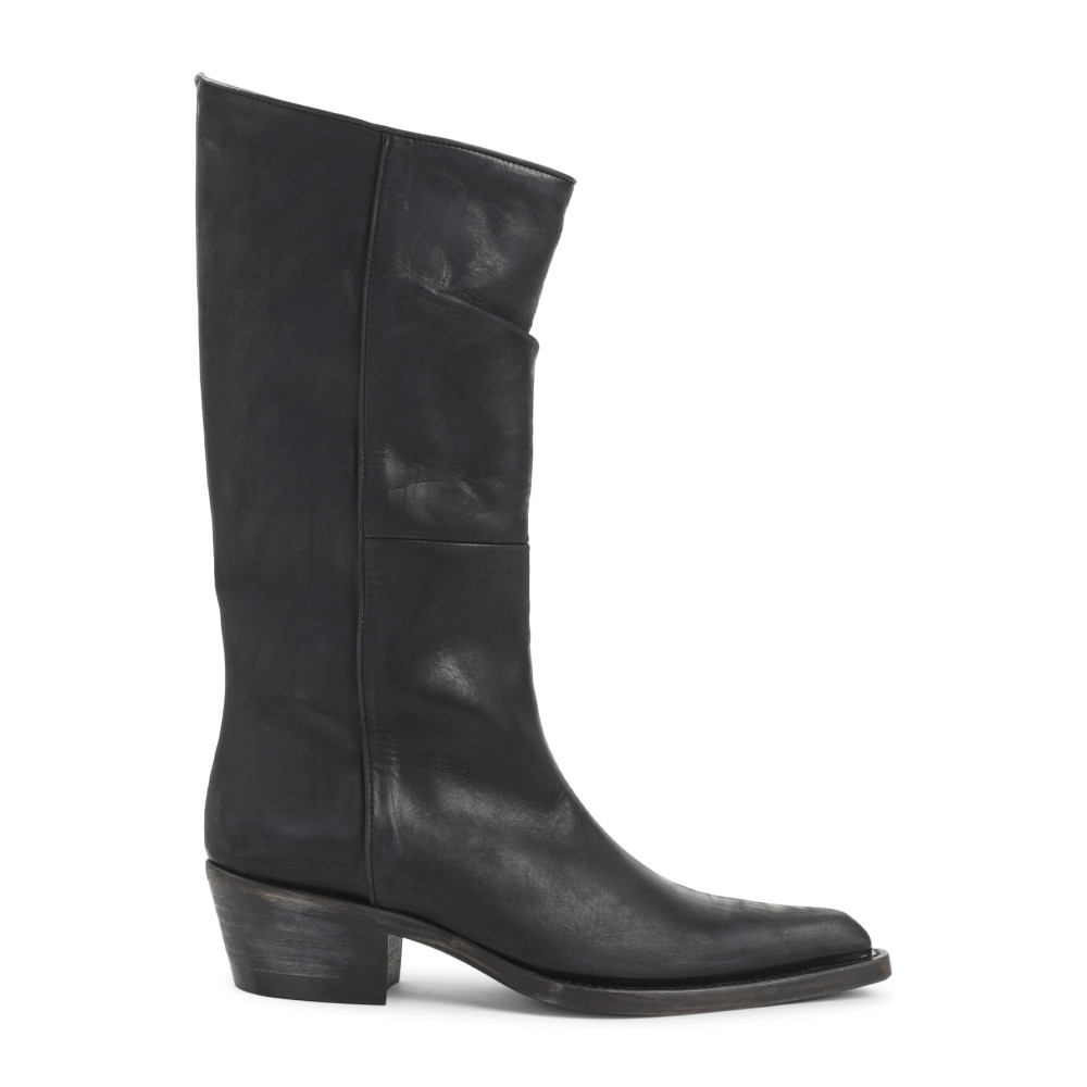Khaite Mid-calf Black Leather Boots With Pointed Toe And Stacked Heel In Black