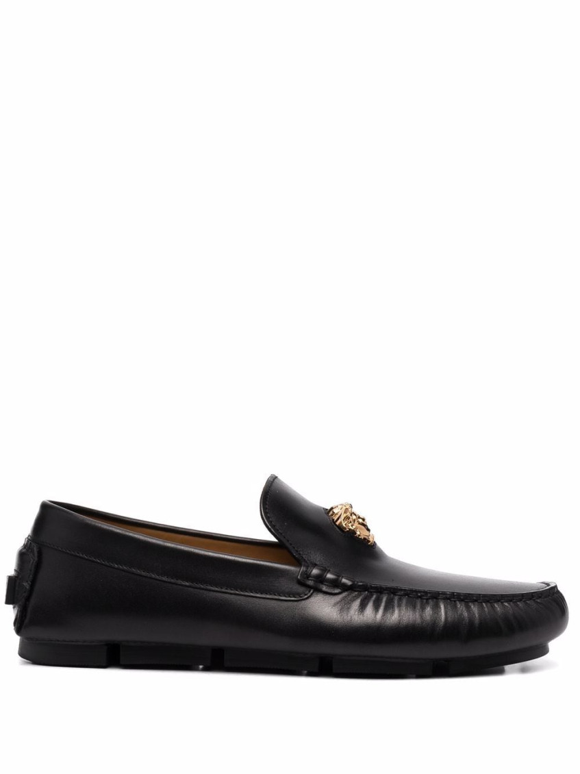 Versace Logo Plaque Leather Loafers In Black