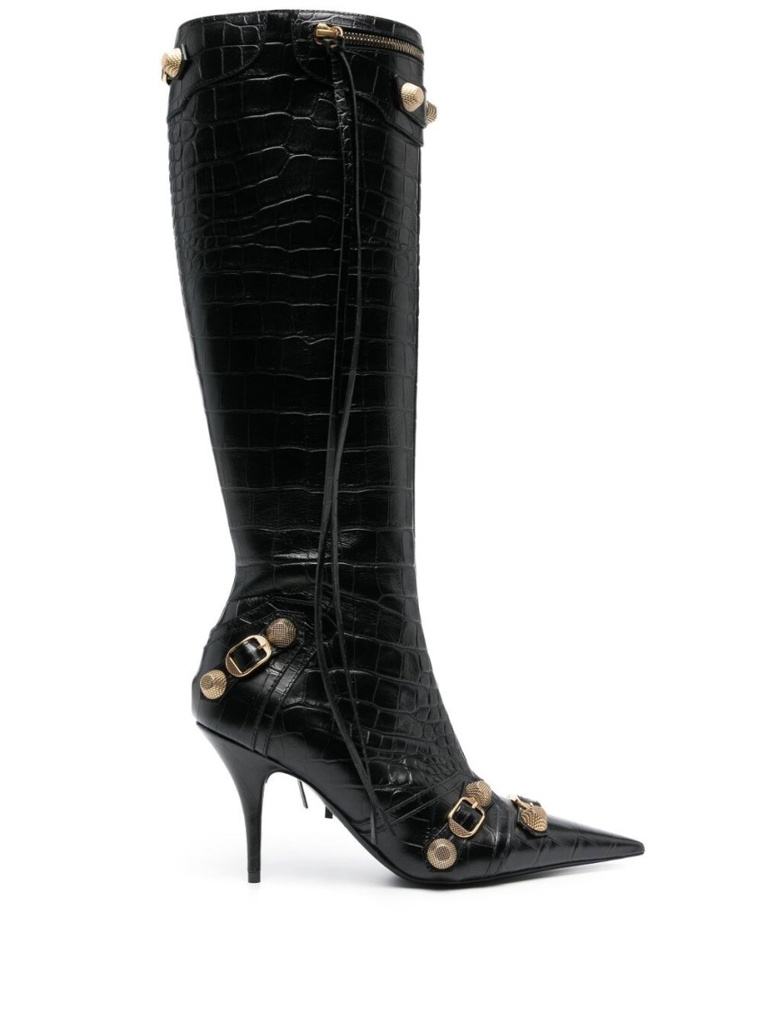 Balenciaga Crocodile Effect Leather Stiletto Heel Boots In Black
