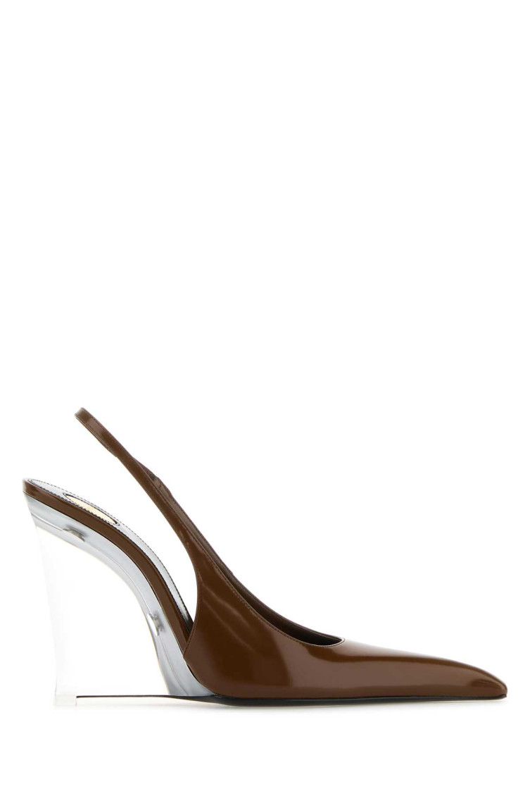Shop Saint Laurent Brown Leather Wedge Heels