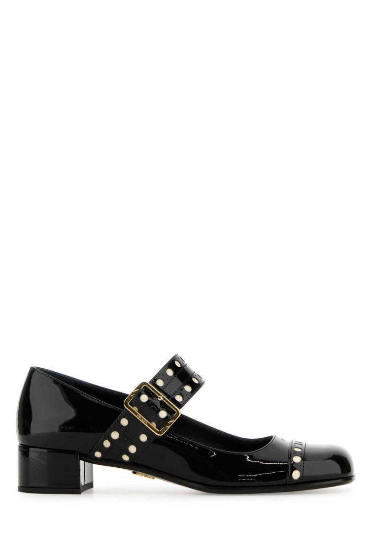 Prada Block Heel Round Toe Patent Finish Studded Detail