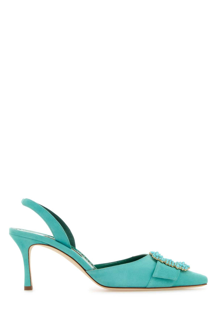 Manolo Blahnik Suede Pumps With Embellished Detail And Kitten Heel In Blue