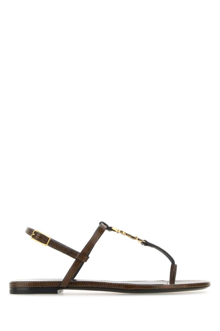 Saint Laurent Smooth Leather Cassandra Triangular Upper Flat Sandals In Brown