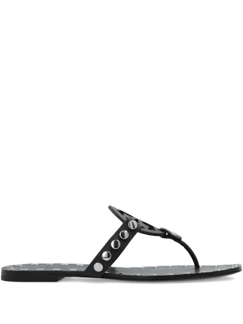 Tory Burch Black Thong Sandals With Logo On The Front And Stud Embellishments In Leather Woman In Black