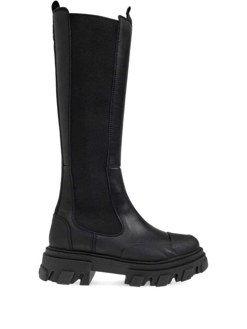 Ganni Black Knee-high Chelsea Boots - Size 41 Calf Leather In Black
