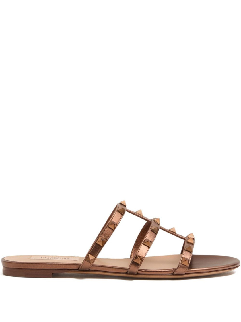 Valentino Garavani Rockstud Flat Metallic Nappa Slide Sandal Woman Bronze 39.5 In Brown