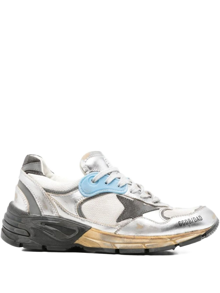 Golden Goose Dad Star Sneakers In Mesh And Laminated Leather In Silver