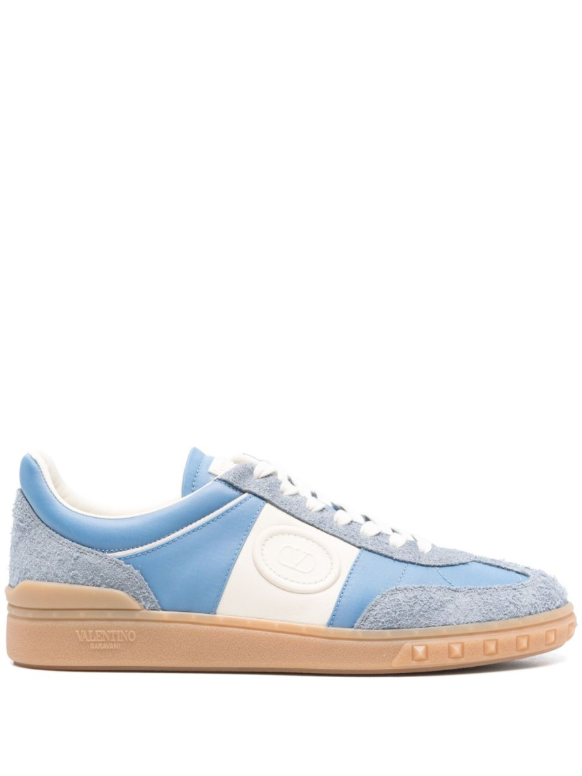 Valentino Garavani Upvillage Low Top Trainer In Crust Leather And Nylon In Blue