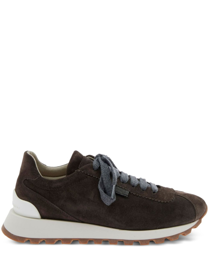 Brunello Cucinelli Brown Low Top Sneakers With Monil Detail On The Side And Embossed Logo Lettering On The Rear In Leat In Brown