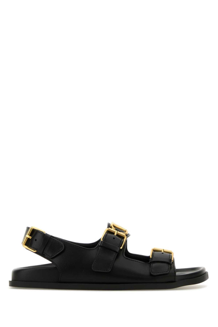 Valentino Leather Sandals With Flat Sole And Gold-tone Hardware In Black
