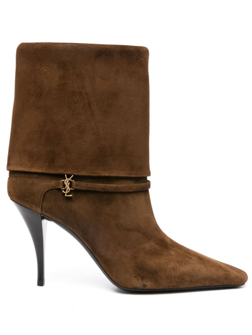 Shop Saint Laurent Brown Suede Logo Boots In White