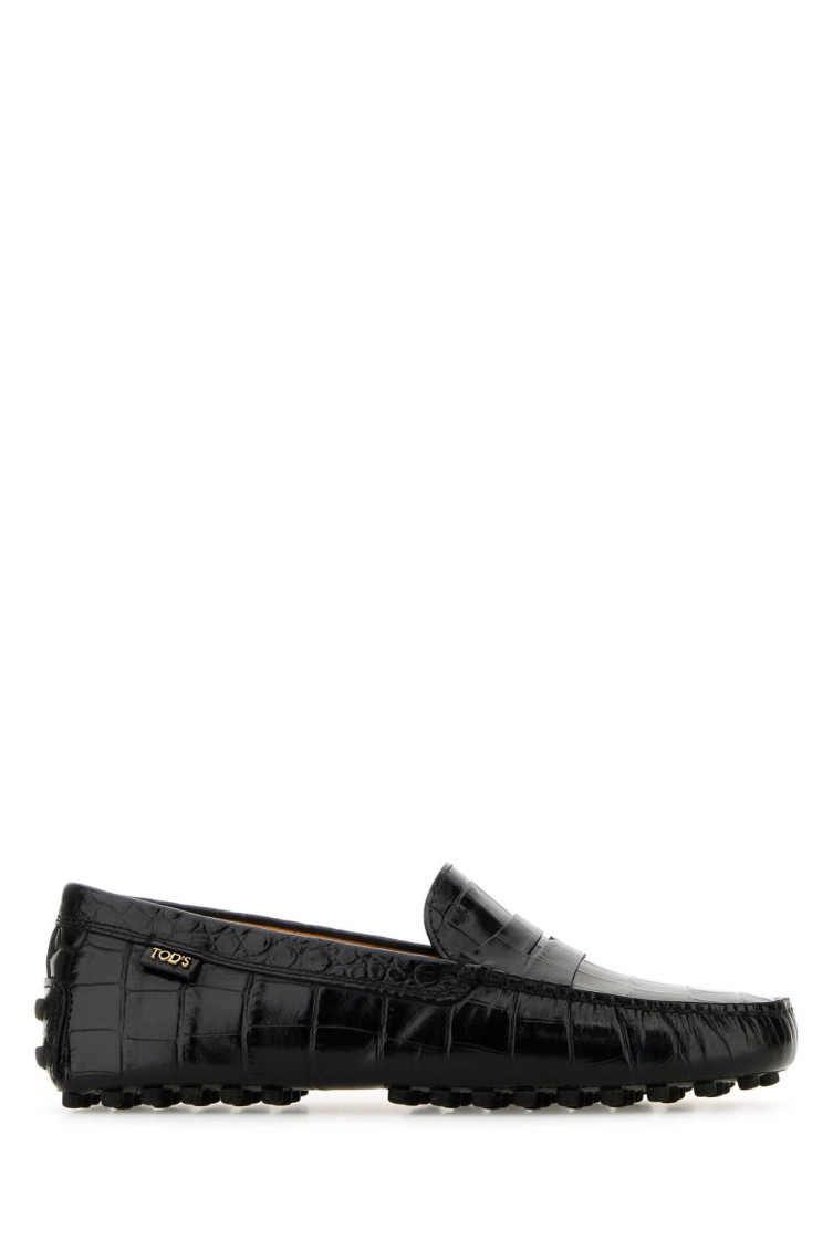 Tod's Crocodile Effect Leather Loafers With Rubber Sole In Black