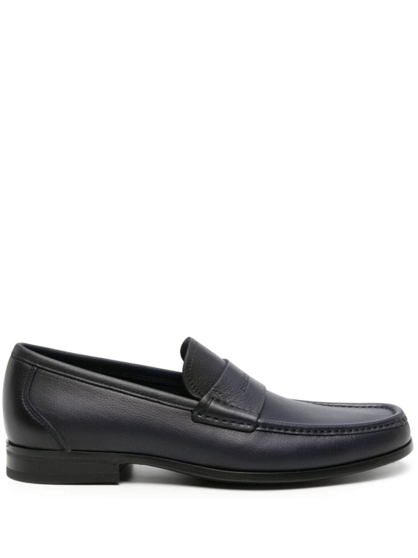 Ferragamo Black Loafer With Logo In Leather Man In Navy Blue