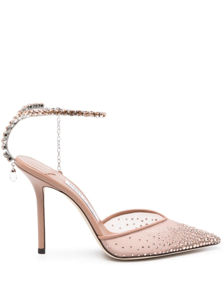 Jimmy Choo Peach Peach Mesh Saeda 100 Crystal Embellished Heels In White