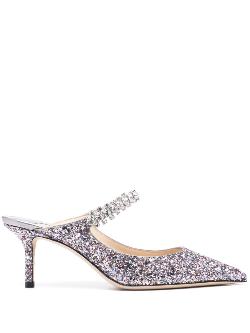 Jimmy Choo Silver Bing 65 Crystal Strap Glitter Heels