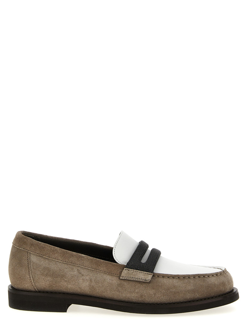 Brunello Cucinelli Beige Loafers With Monile Detail And Chain In Suede Woman In Grey