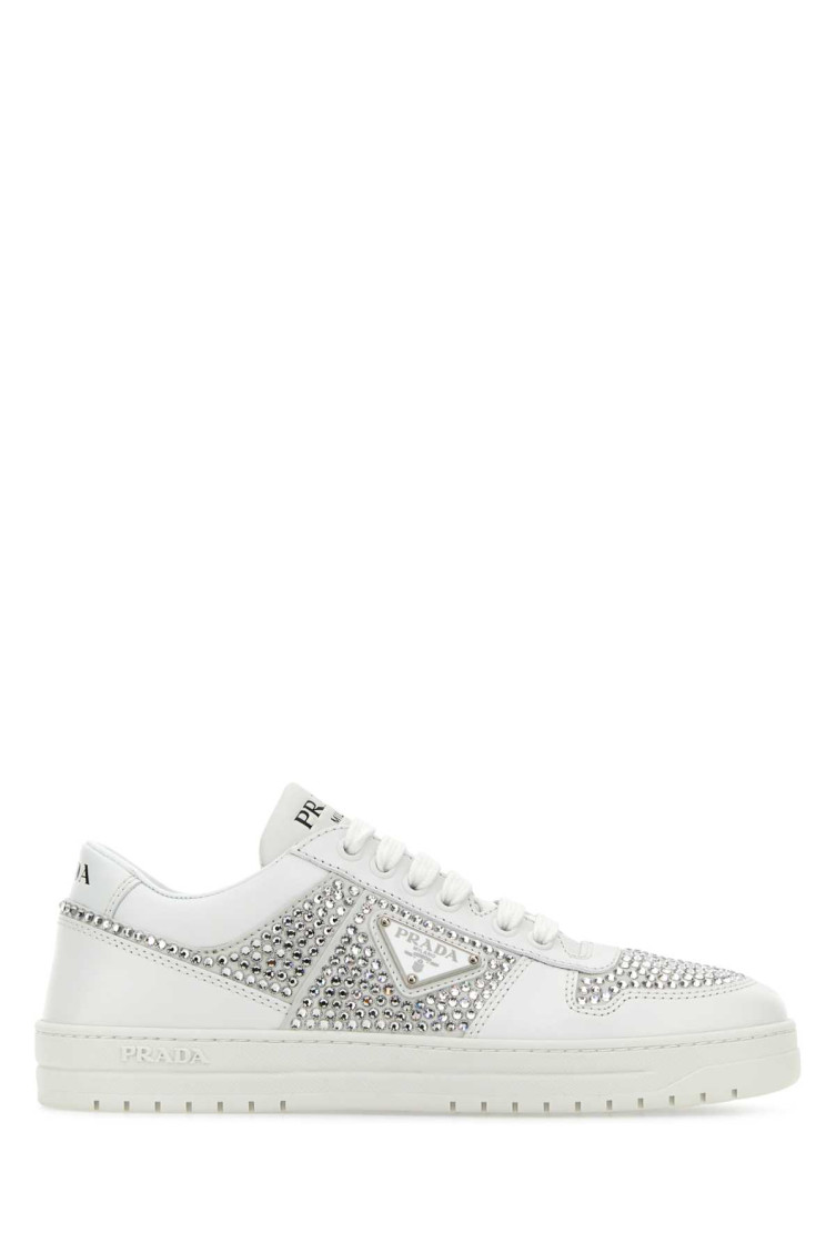 Prada Downtown Crystal-embellished Leather Sneakers In White