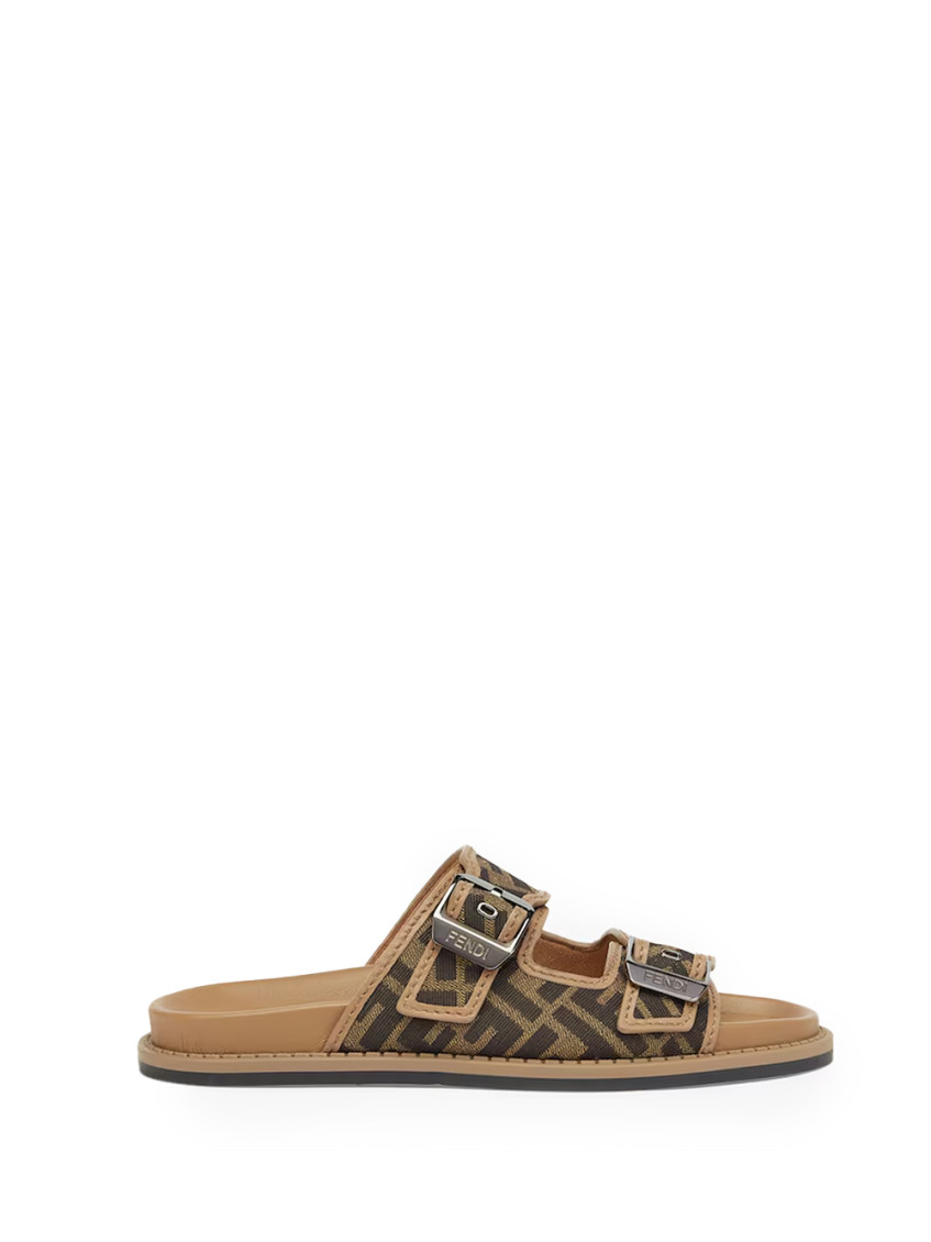 Fendi Canvas Feel Slippers With Adjustable Straps And Ff Motif Embroidery In Brown